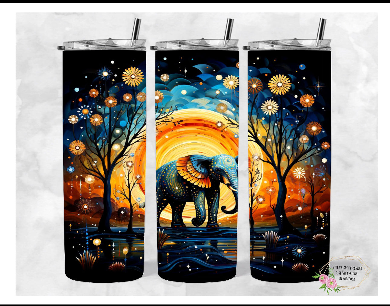 Elephant tumbler, boho and floral