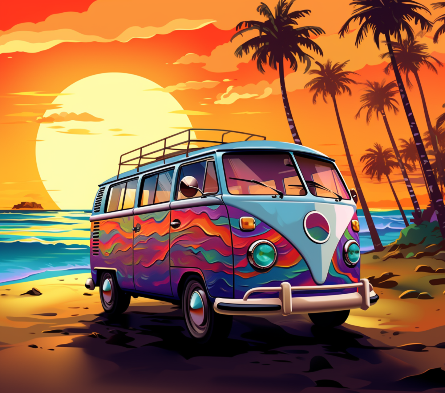 Hippie VW bus, sunset beach tumbler