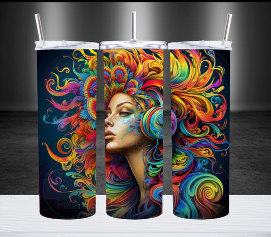 Vibrant, colorful girl with headphones tumbler