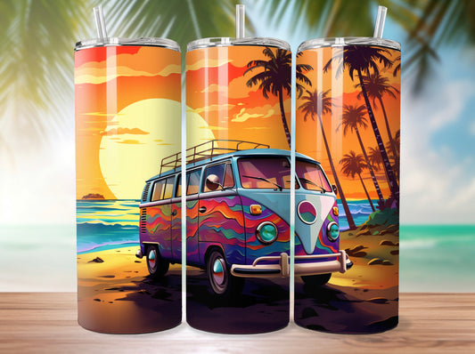 Hippie VW bus, sunset beach tumbler